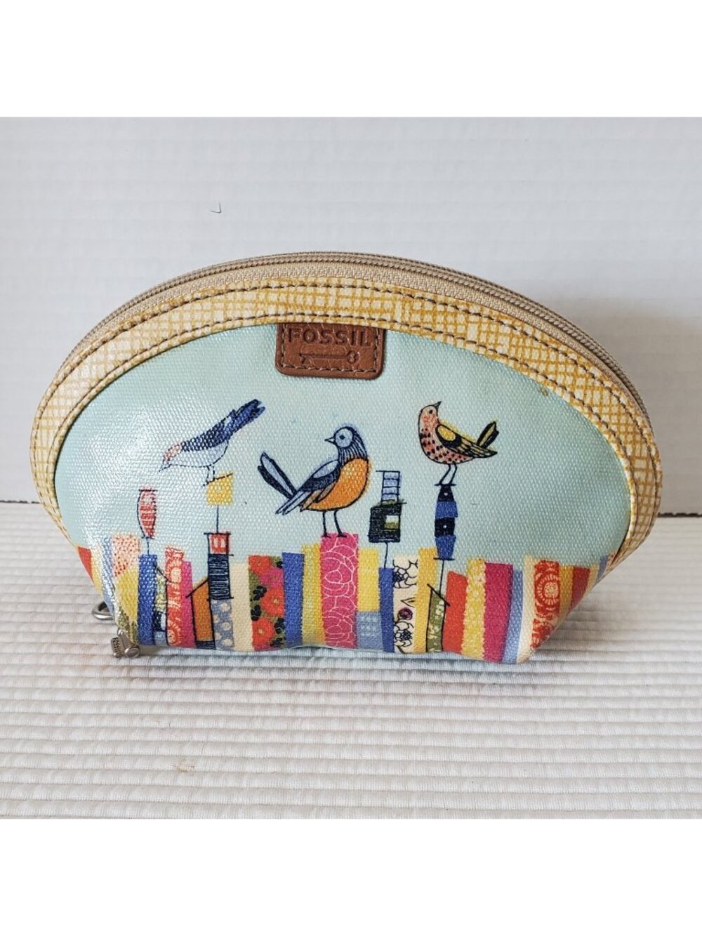 Fossil Key Per Zipper Cosmetic Bag Vintage 7.5x4.5 Multicolor Bird Coated Fabric